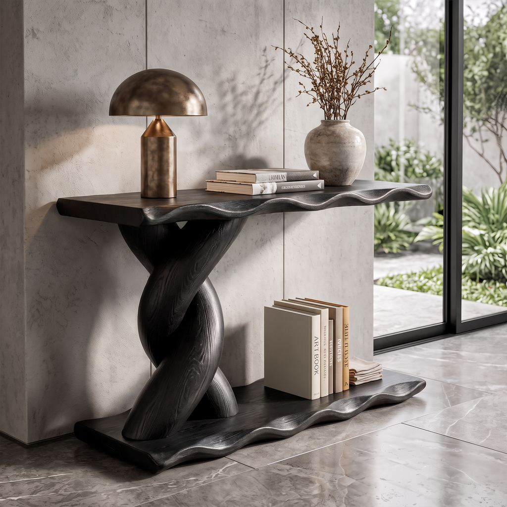 Contemporary Console Table With Spiral Base And Lower Display Shelf For Living Room