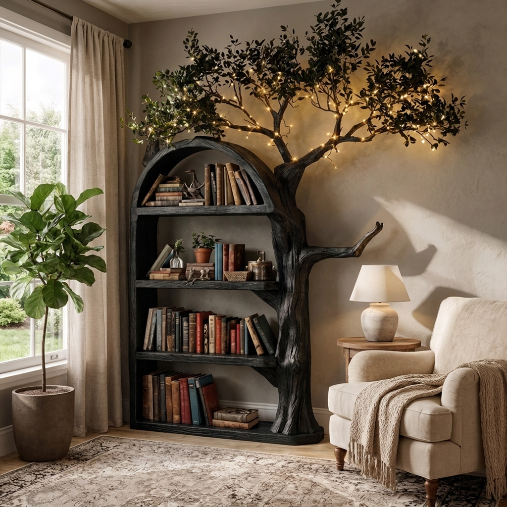 Brown Branch Wall Bookcase with Concealed Brackets, 70 x 60 in