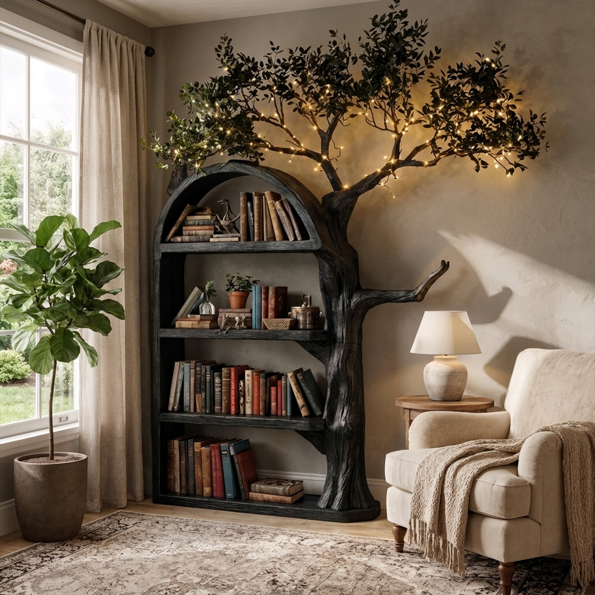 Brown Branch Wall Bookcase with Concealed Brackets, 70 x 60 in