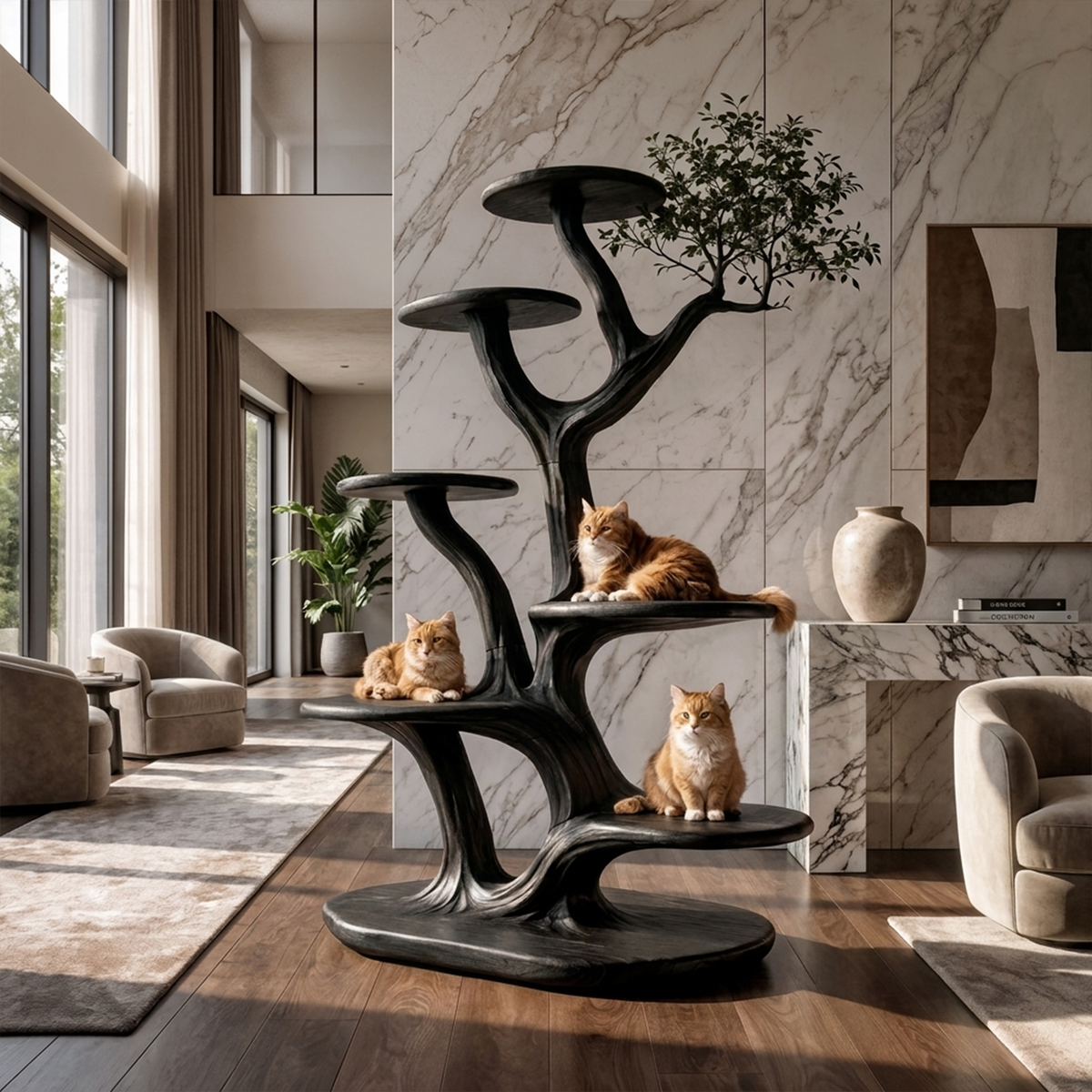 Cat Tree Tower, Rustic Solid Wood Climbing Furniture for Living Room