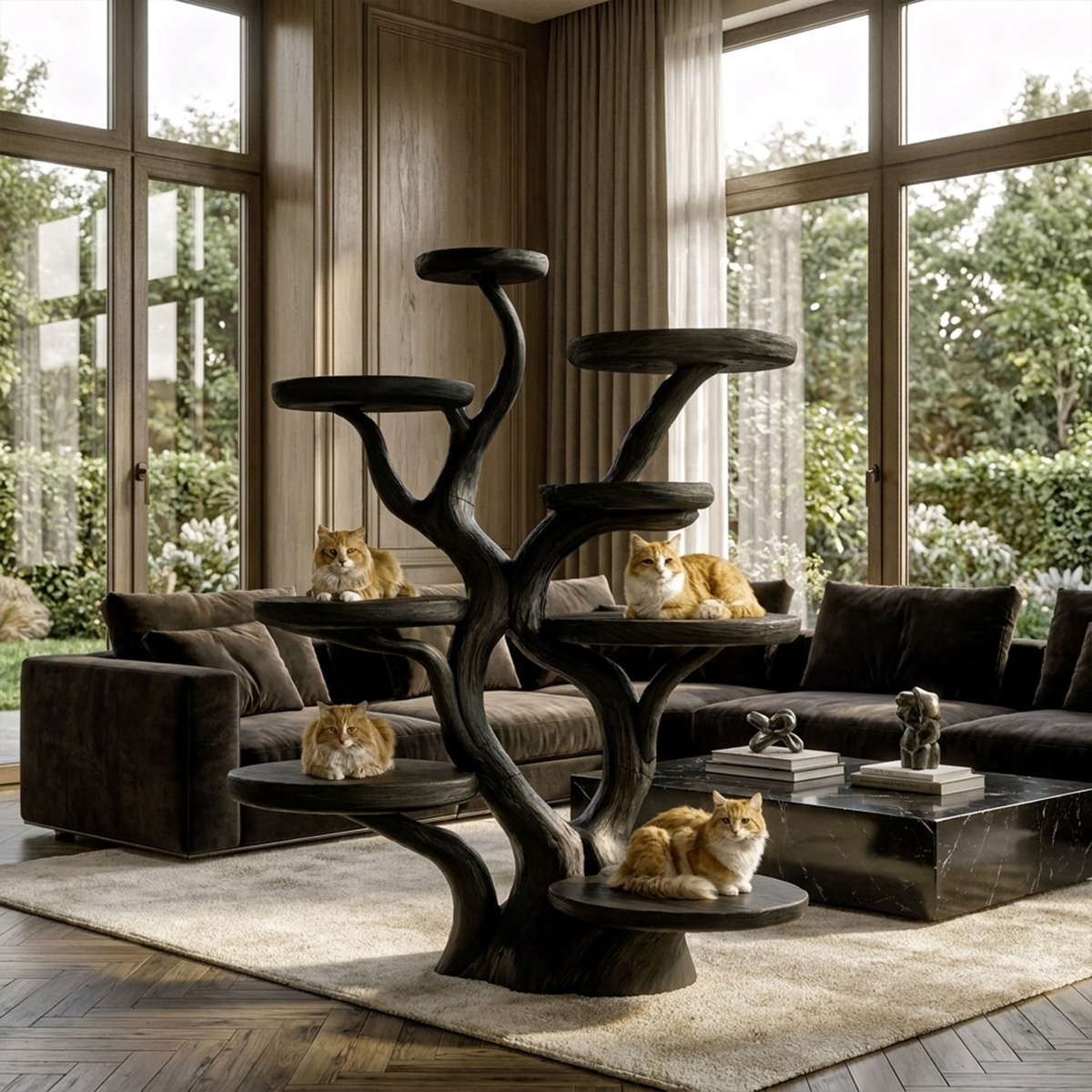 Rustic Solid Wood Cat Tree with Curved Trunk and Tiered Platforms