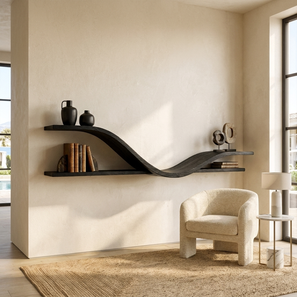Curved Floating Shelf, Organic Modern Wood Wall Display for Hallway