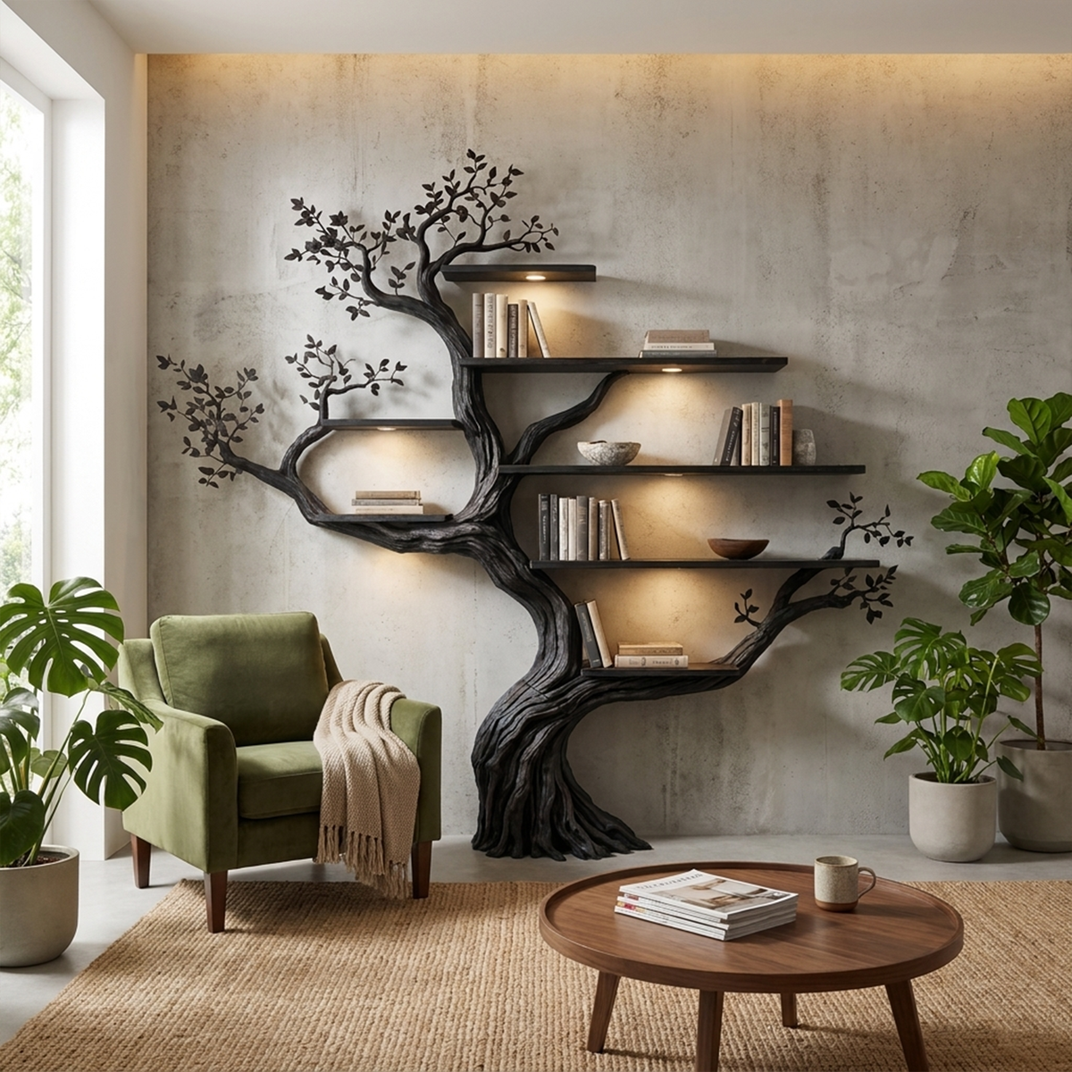 Floral-Style Branch Wall Bookcase, 70 x 70 Inch Living Room Feature