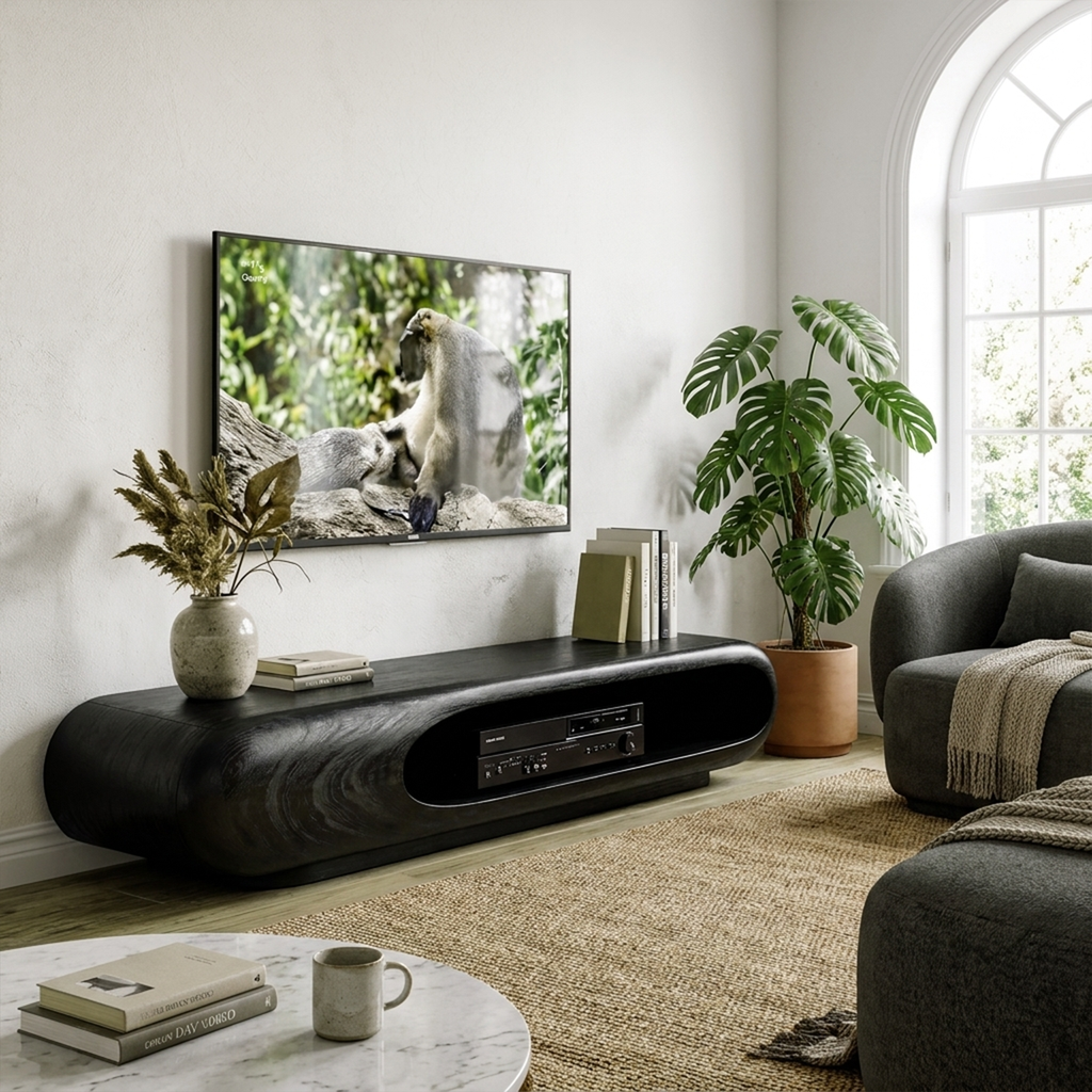 Low TV Stand, Rounded Solid Wood Entertainment Unit