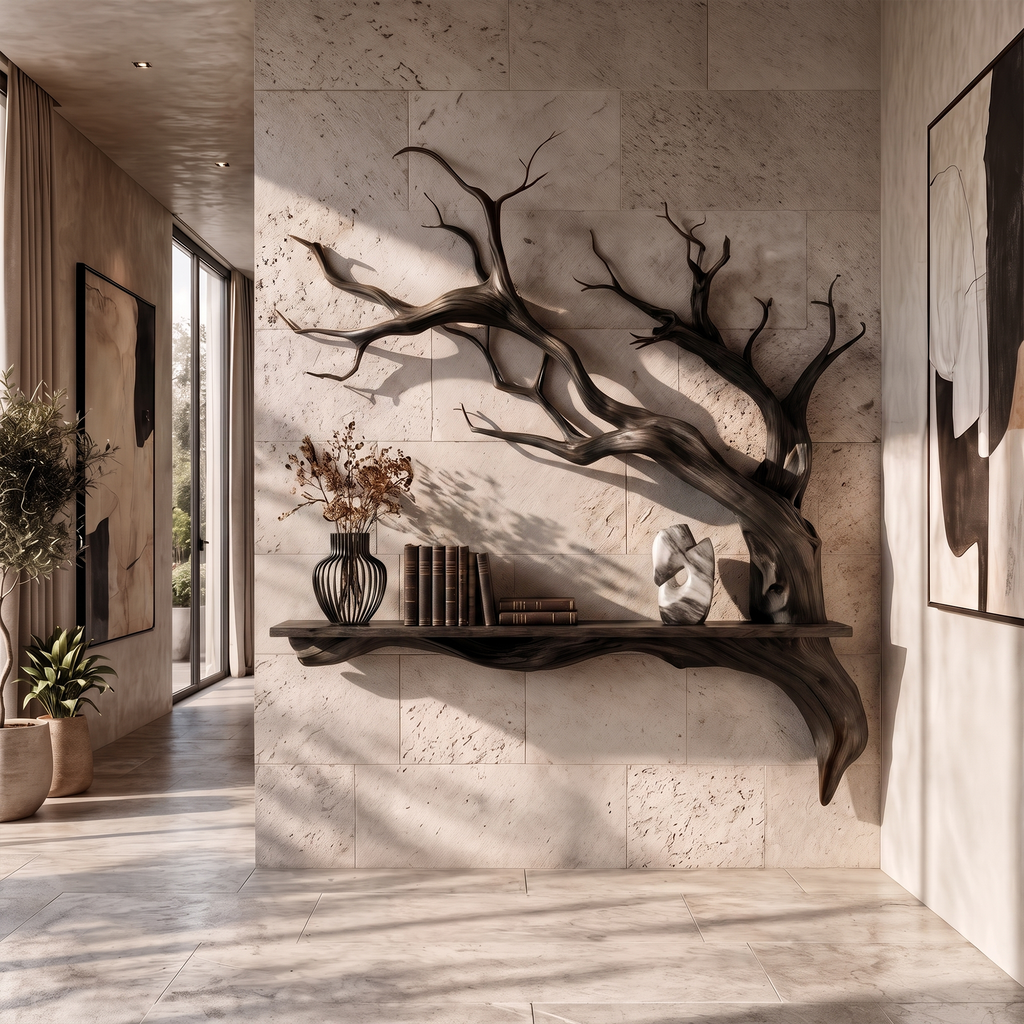 Rustic Solid Wood Slab Wall Shelf with Tree Branch Accent