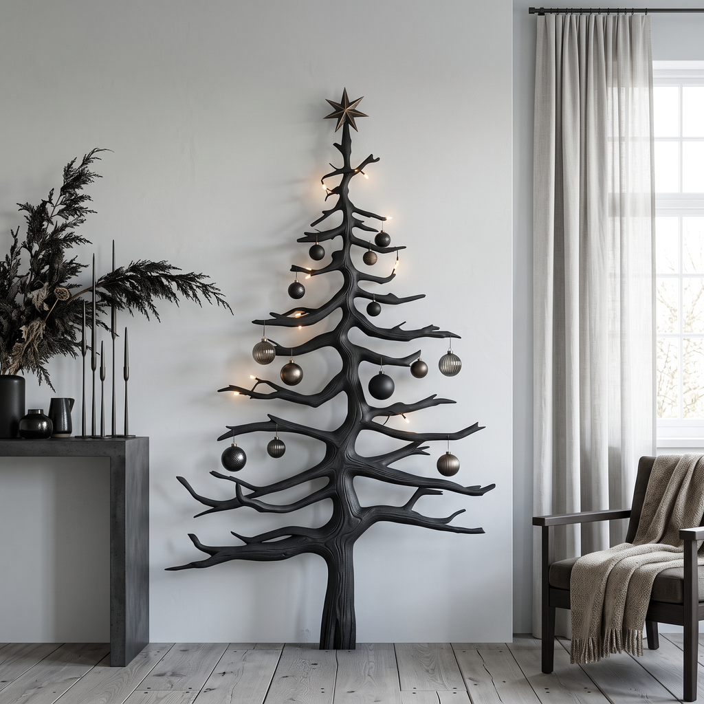 Evergreen Tree Shaped Wood Wall Shelf with Crossed Branches, 70 in