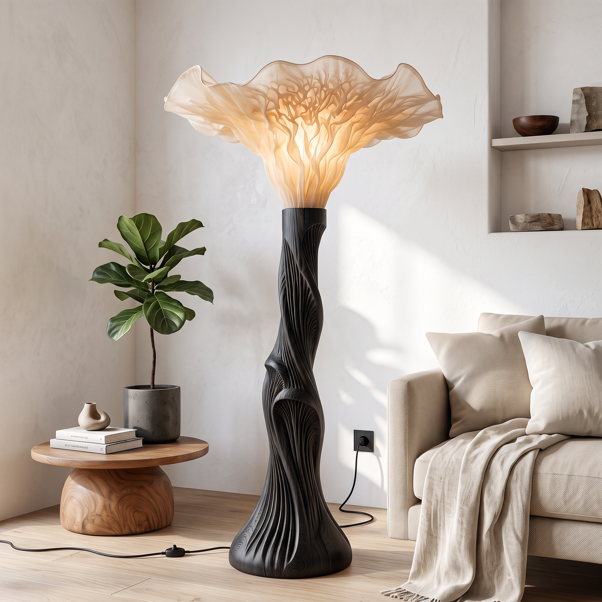 Mushroom Shade Wooden Floor Lamp For Reading Corners, 51 Or 61 Inch
