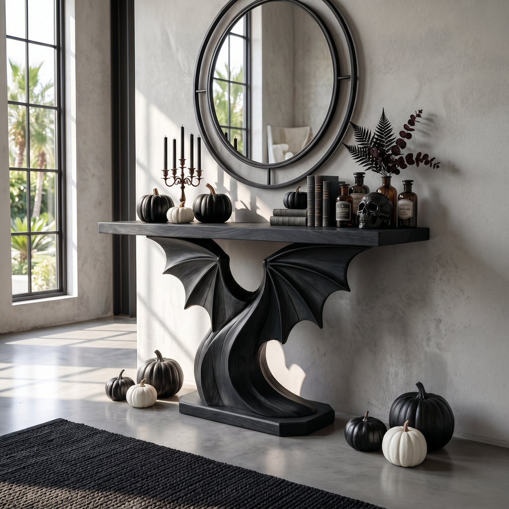 Contemporary Halloween Console Table With Sculptural Bat Wing Design For Entryway And Hallway