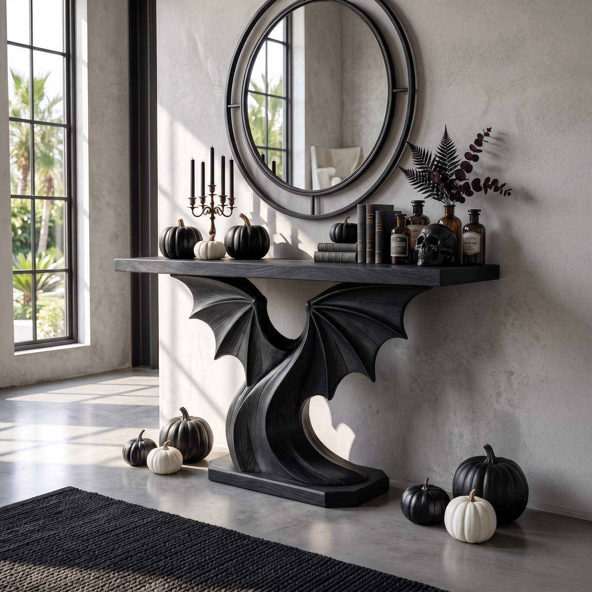 Contemporary Halloween Console Table With Sculptural Bat Wing Design For Entryway And