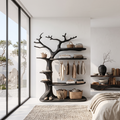 Rustic Tree Clothing Rack With Wood Display Shelves