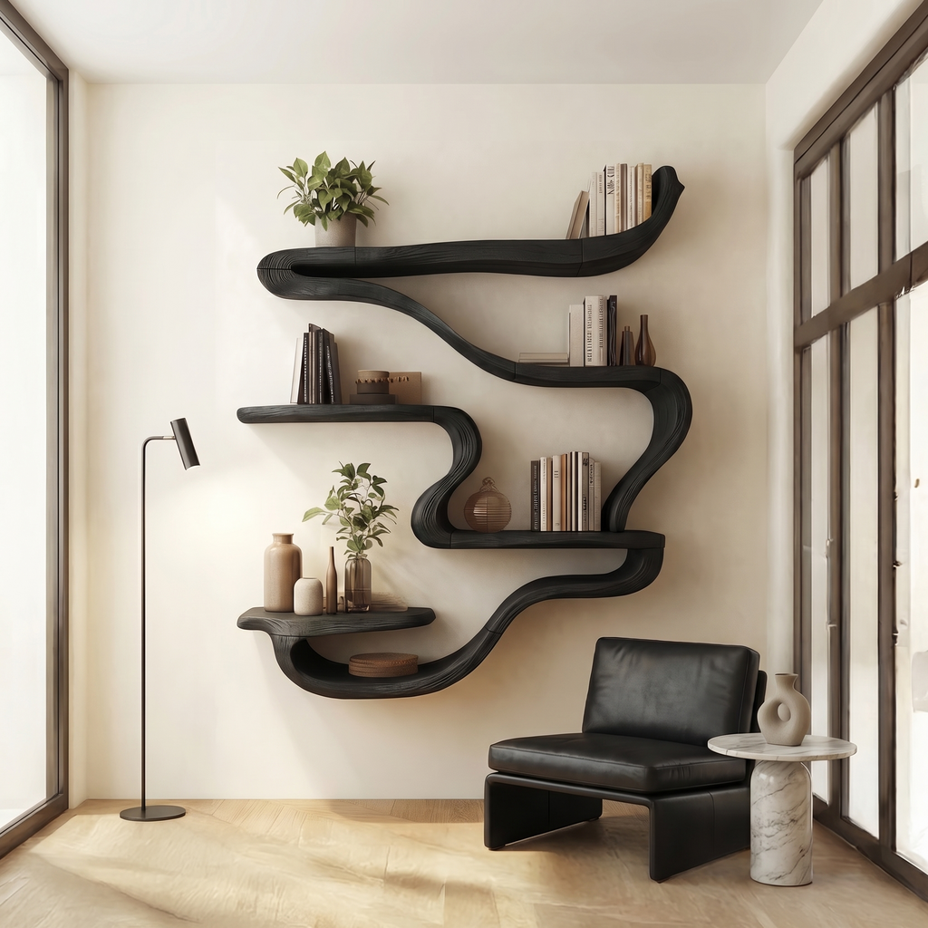 Wall Mounted Bookshelf, Organic Curved Wood Shelf for Reading Room