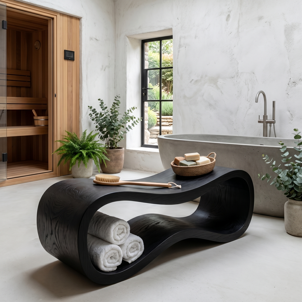 Wooden Shower Bench, Curved Sculptural Spa Seat with Storage Shelf