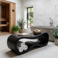 Wooden Shower Bench, Curved Sculptural Spa Seat with Storage Shelf