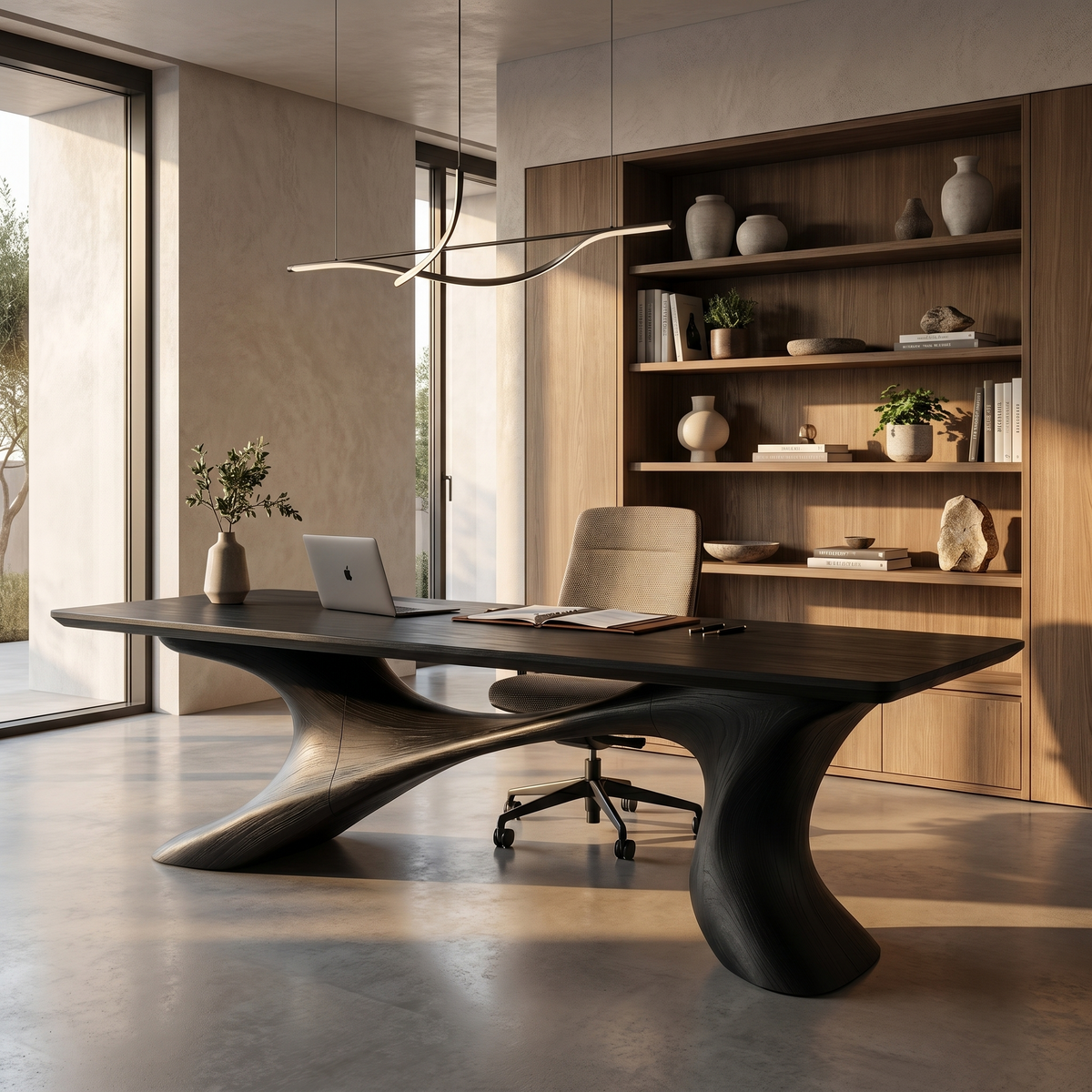 Sculptural Wood Office Desk, Organic Modern Executive Workstation