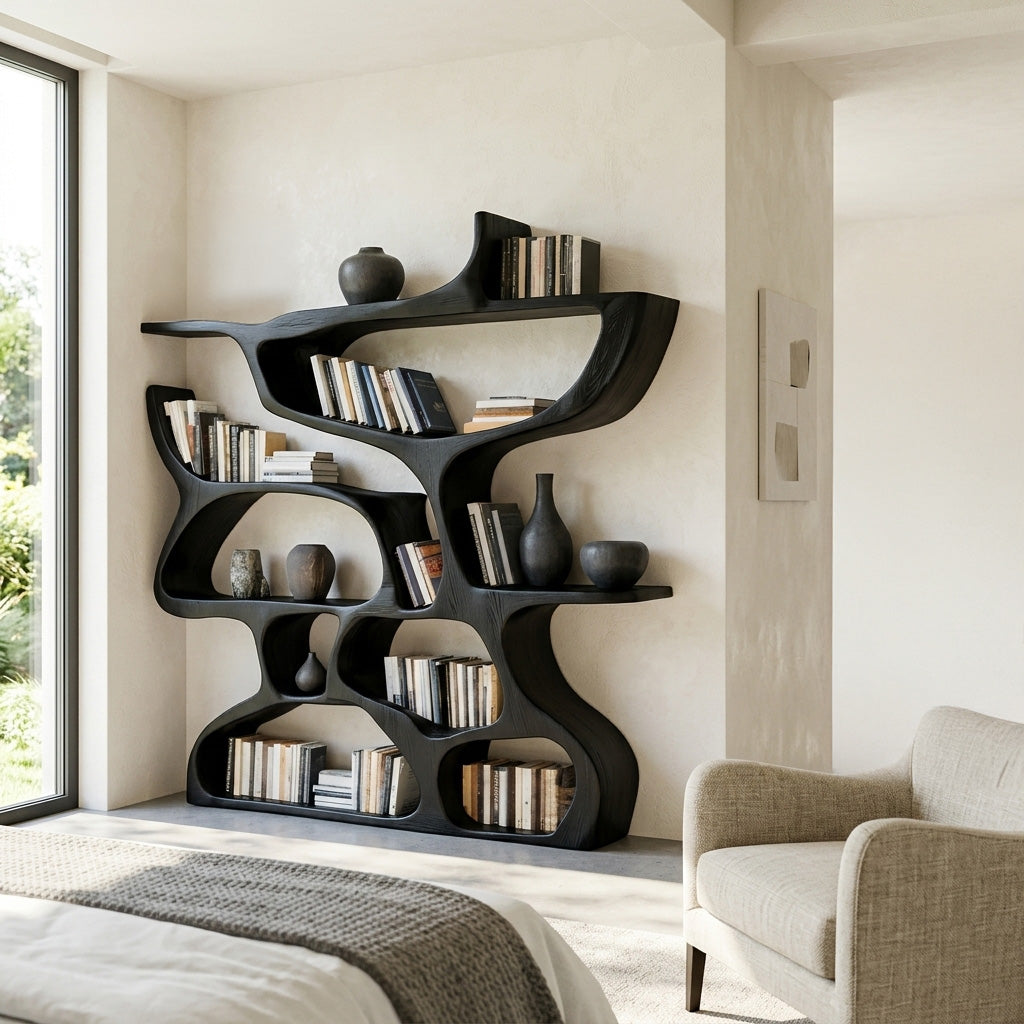 Freeform Carved Wood Bookcase with Irregular Open Cubbies, 47-79 In Tall