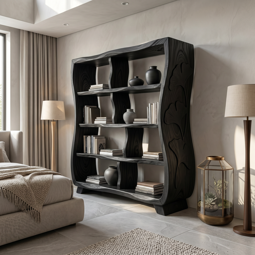 Handcrafted Wooden Bookshelf With Ginkgo Leaf Accents