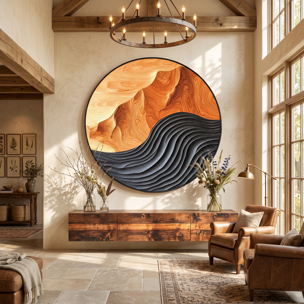 Hand-Carved Solid Hardwood Wave Wall Sculpture, Mid-Century Style