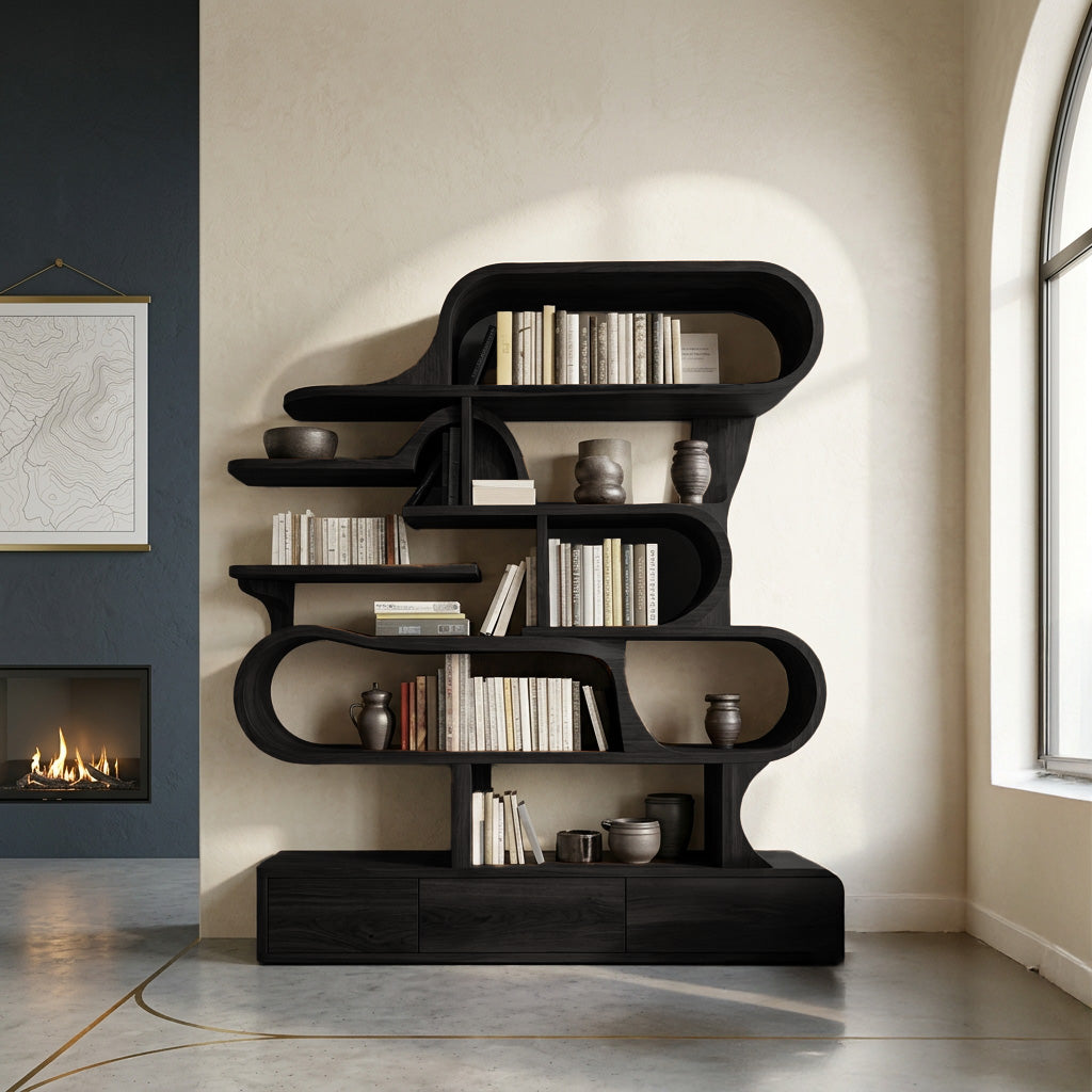Layered Curve Wood Shelving Unit for Living Room, 59 to 79 in Tall