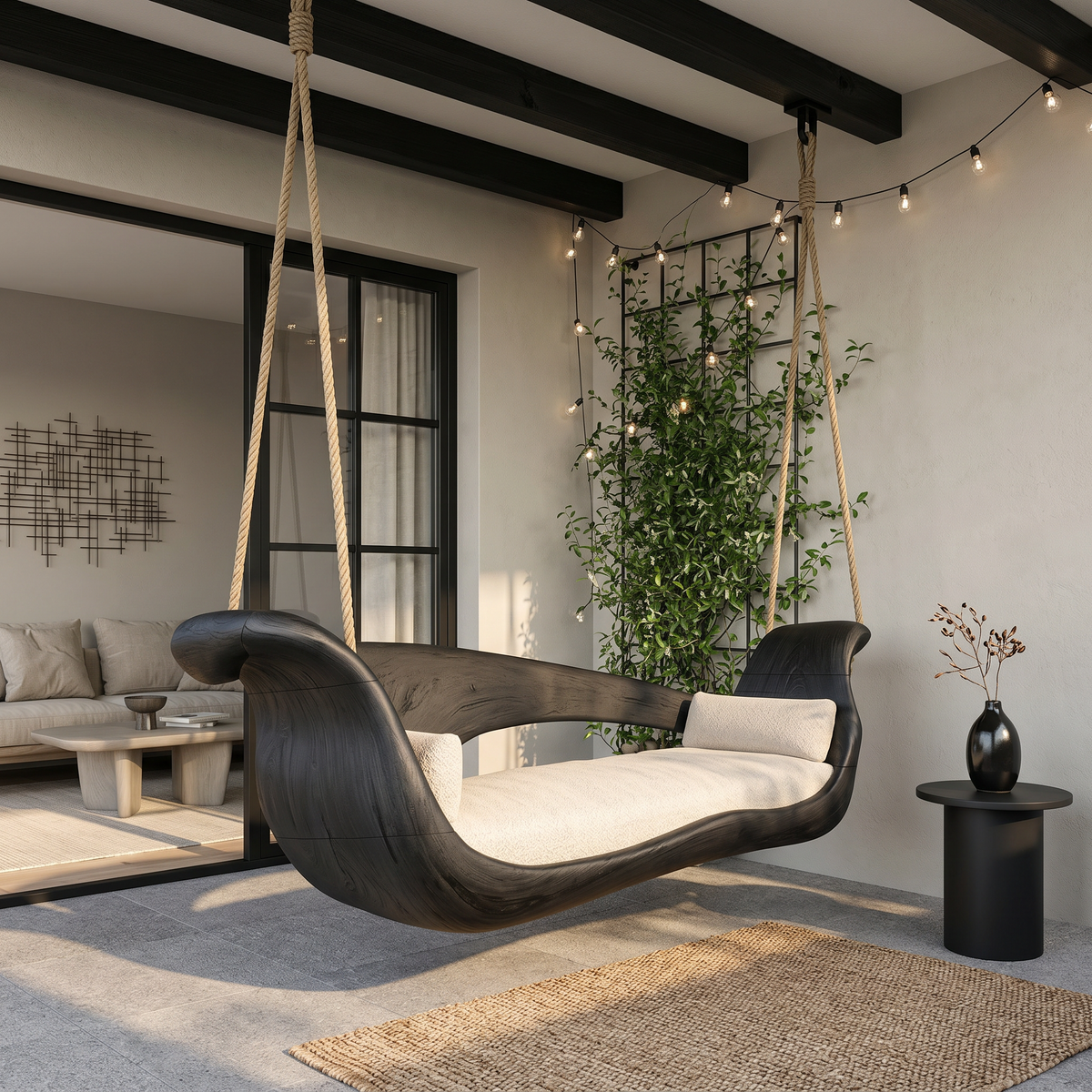 Hanging Sculptural Wood Swing Bed For Indoor Or Outdoor Living