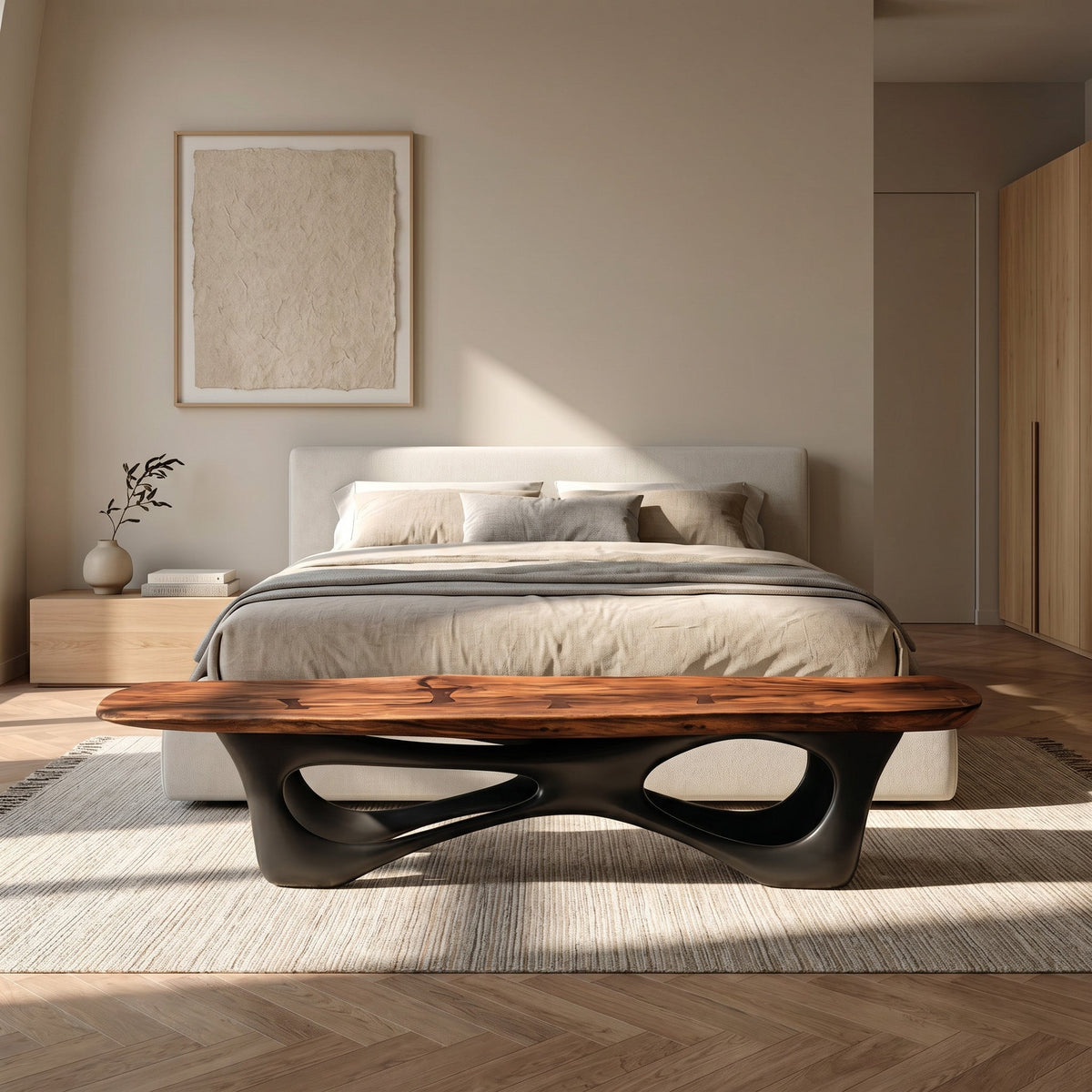 Bold Curve Wood Bench For Apartments, 47 To 73 Inch Long