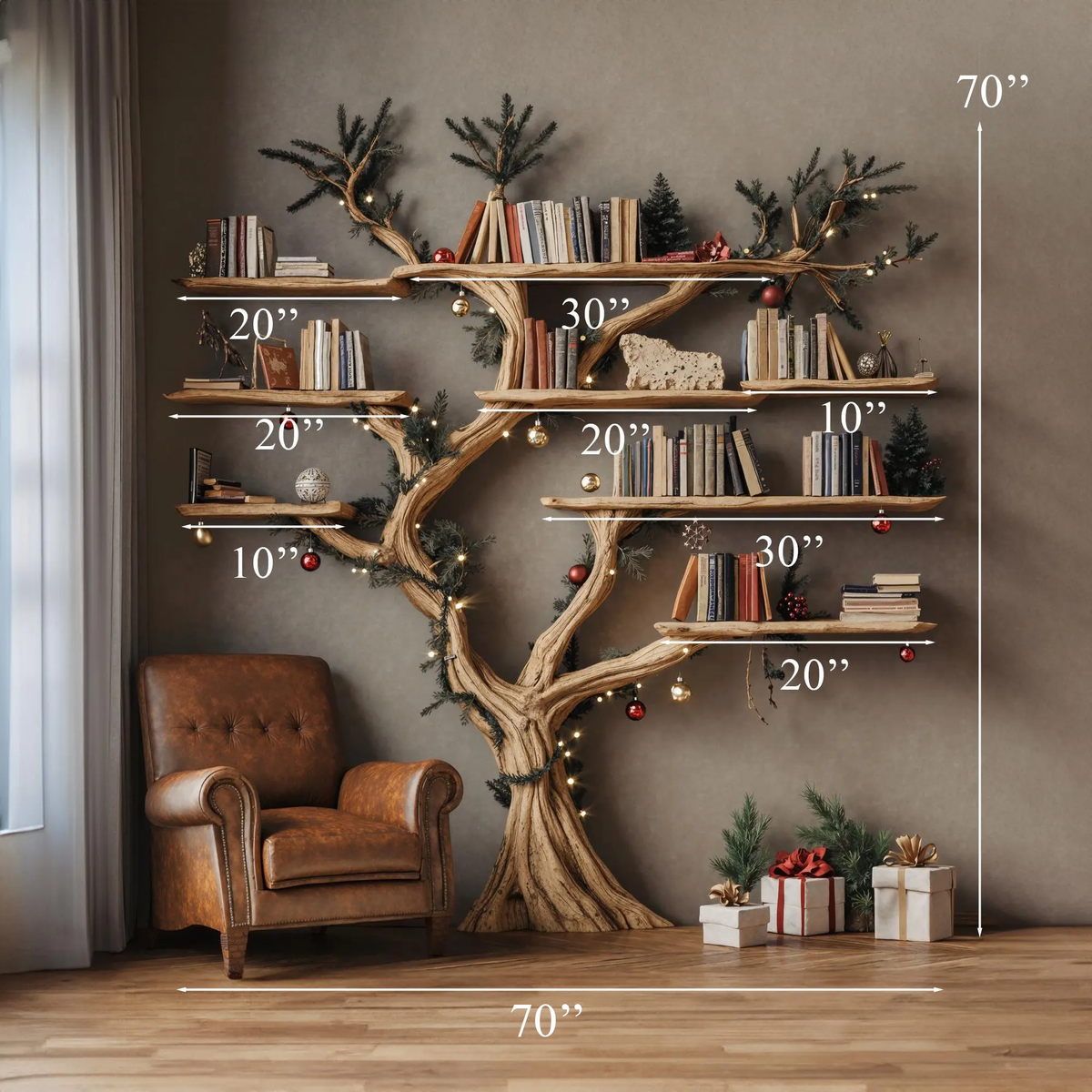 Square Driftwood Branch Wall Shelf in Brown, 70 by 70 Inches