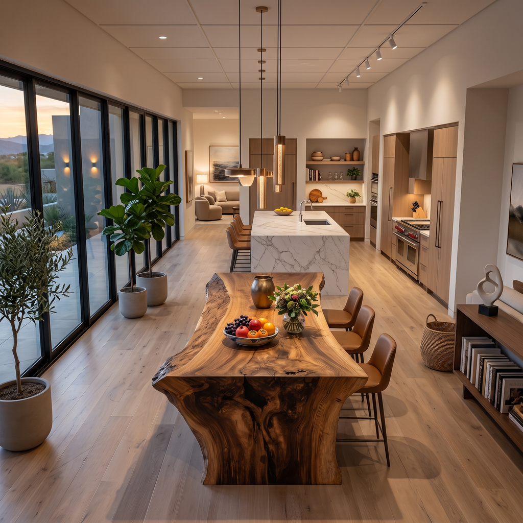Modern Live Edge Solid Wood Dining Table with Monolithic Base