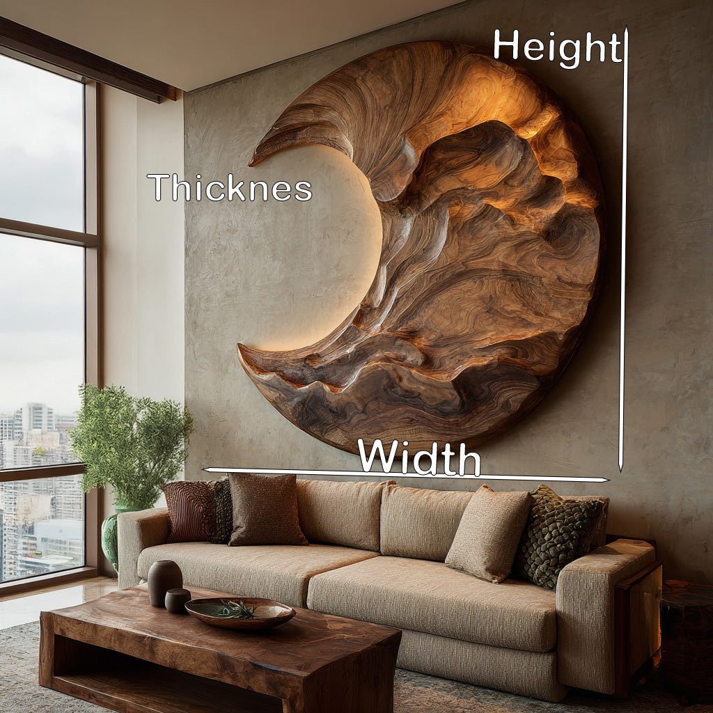 Moon-Inspired Round Carved Wood Wall Panel For Living Rooms