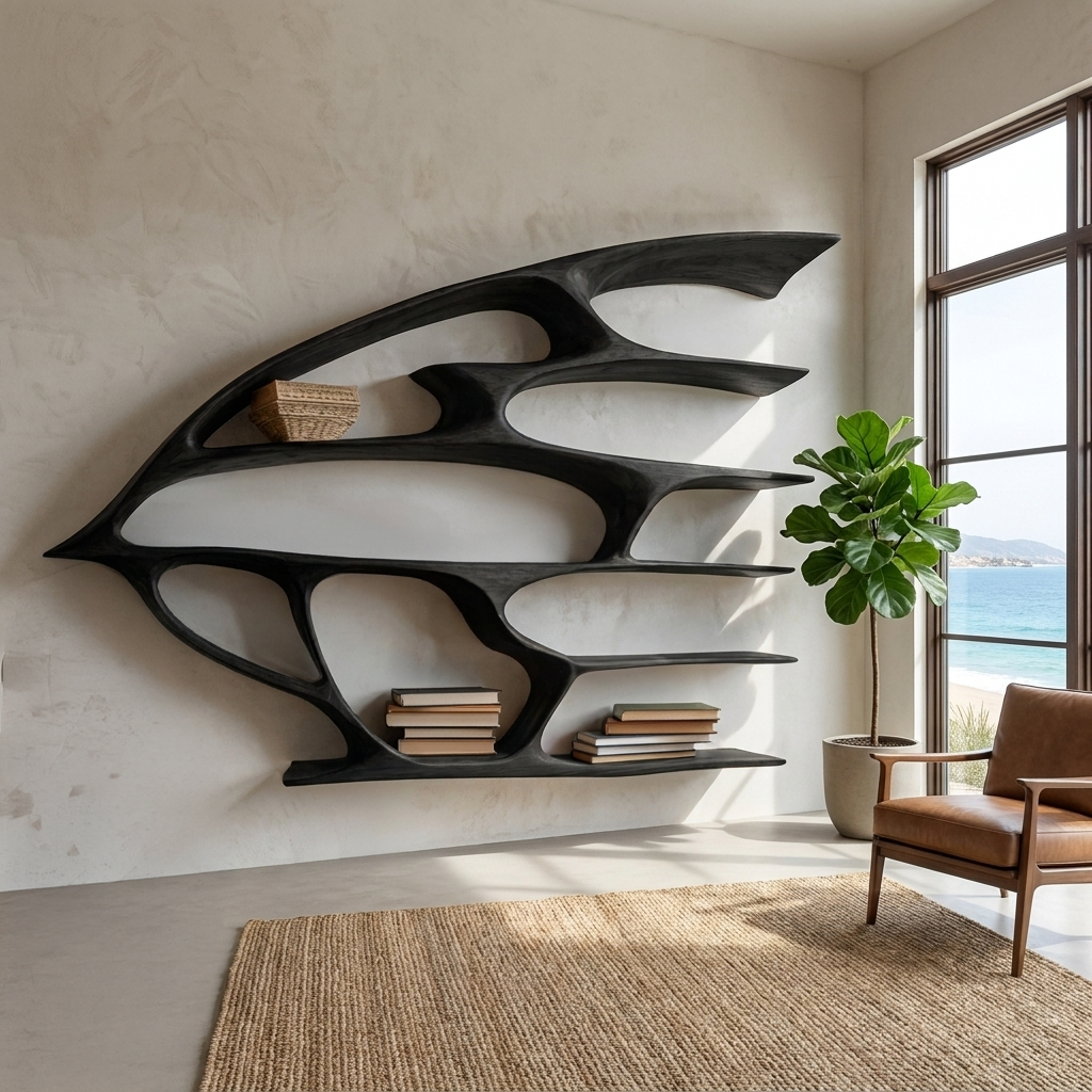 Wide Flowing Wall-Mounted Wood Bookshelf, 60 to 75 Inch Long