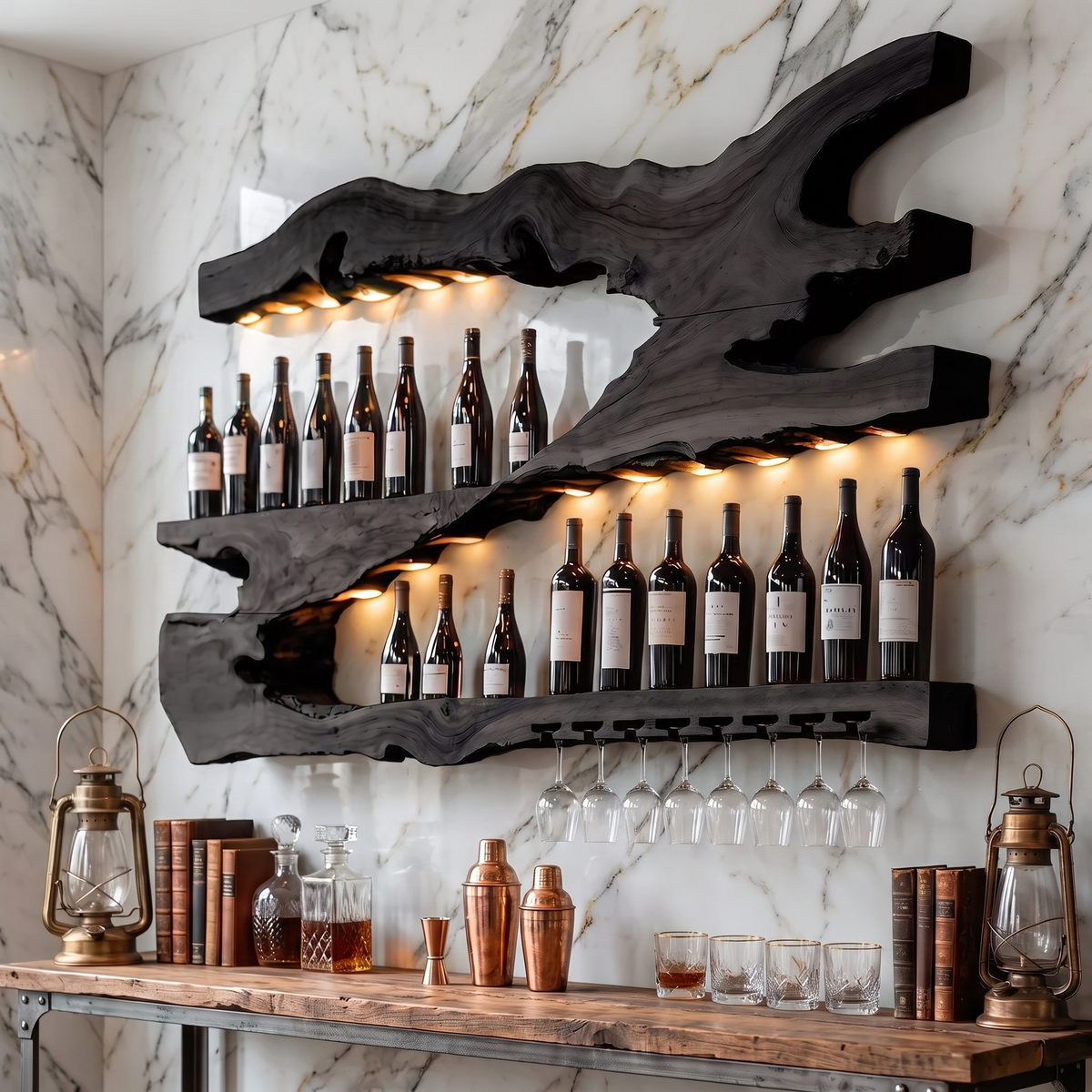 Mid-Century Monkeypod Wood Wall Wine Rack with Minimalist Shelf