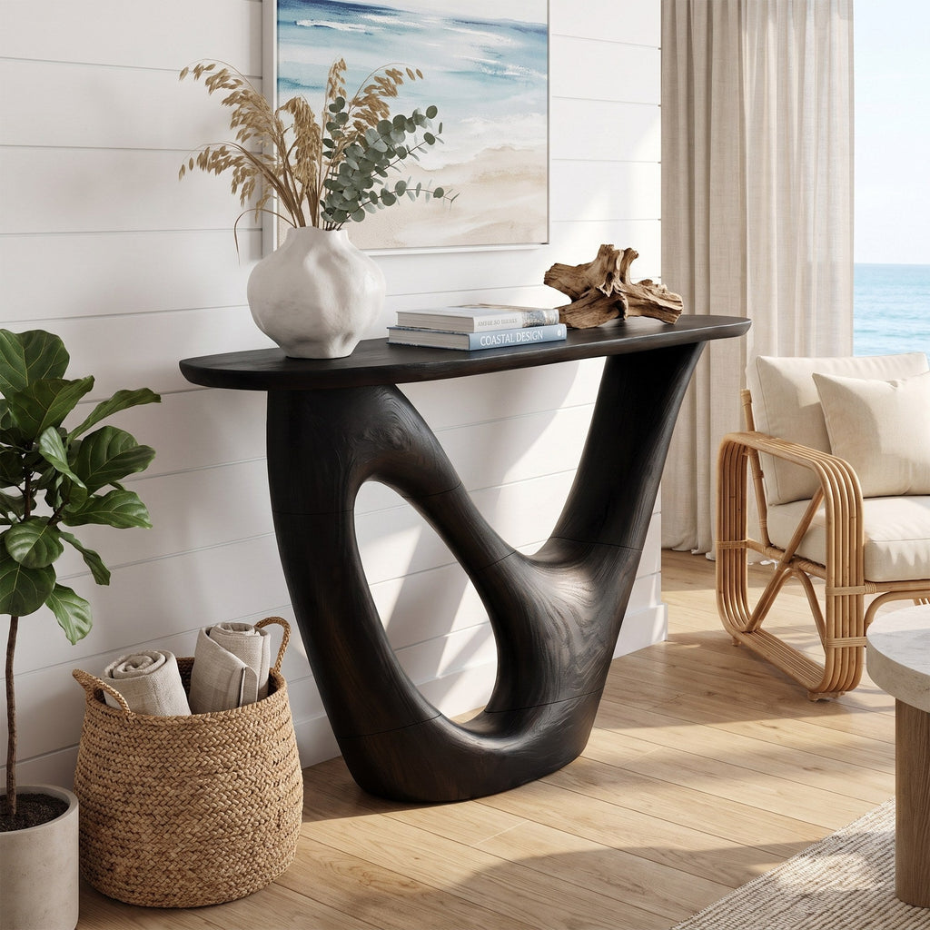 Mid Century Live Edge Console Table Sculptural Solid Wood For Living Room
