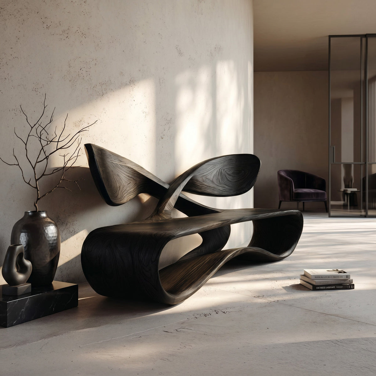 Curved Solid Wood Bench With Crossed Back Support For Living Rooms