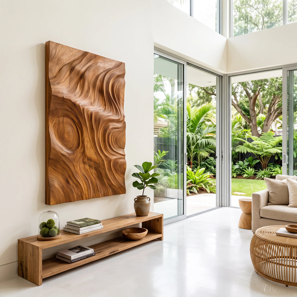 Projecting Relief Wood Wall Sculpture For Entryways, 47 To 79 Inch