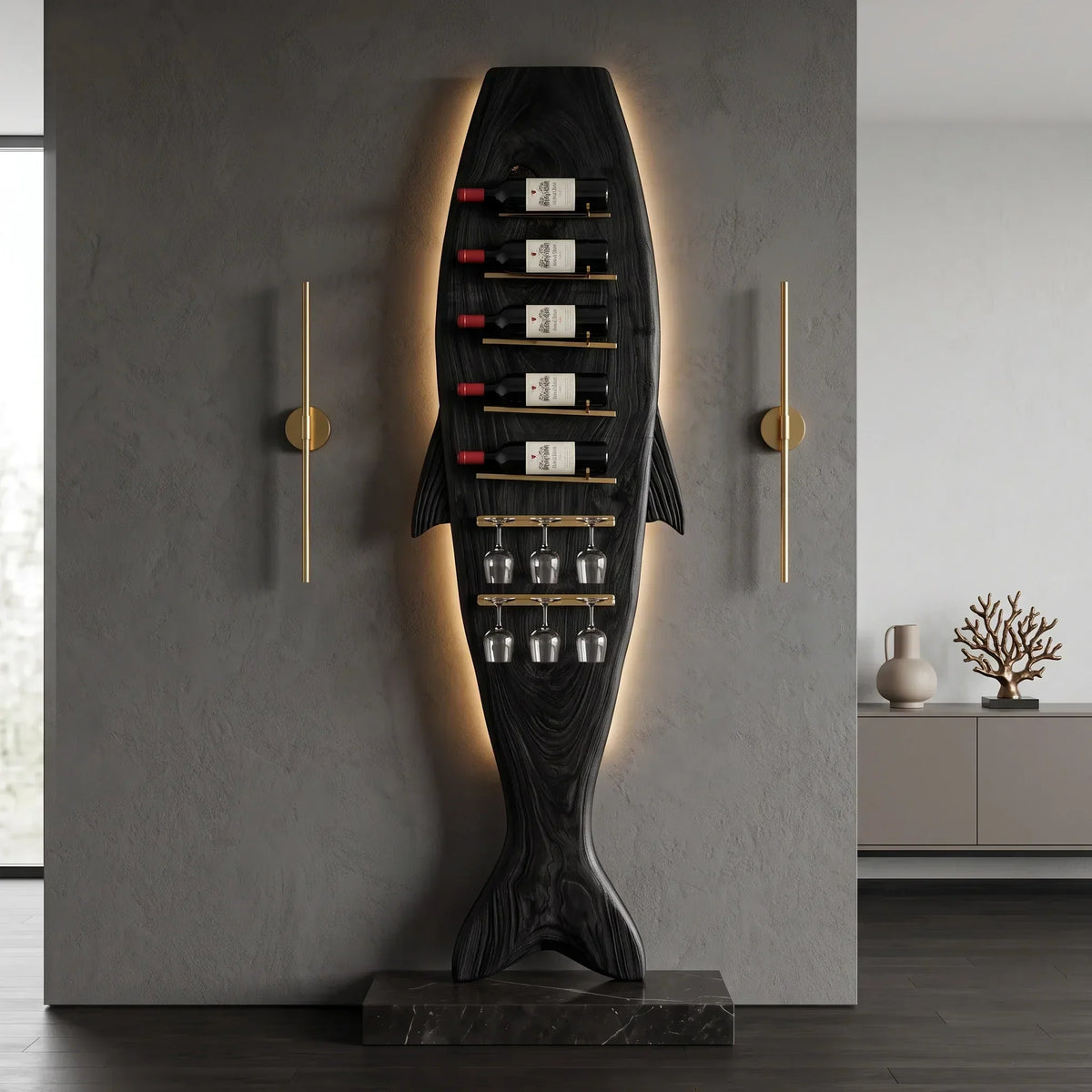 Modern Sculptural Wine Rack With Glass Holder For Dining Room