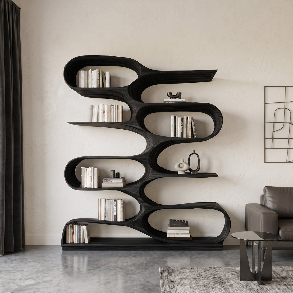 Wavy Tiered Wood Bookcase for Living Room or Study, 47 to 80 in Tall