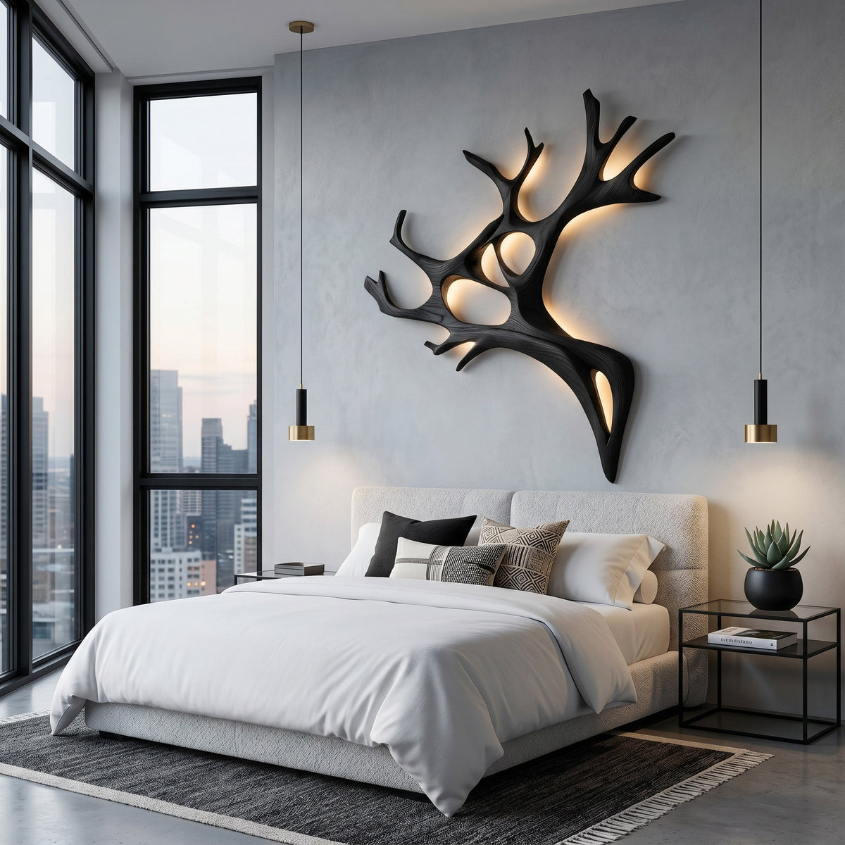 Backlit Carved Branch Wall Lamp, Sculptural Wood, 47 to 63 Inch Tall