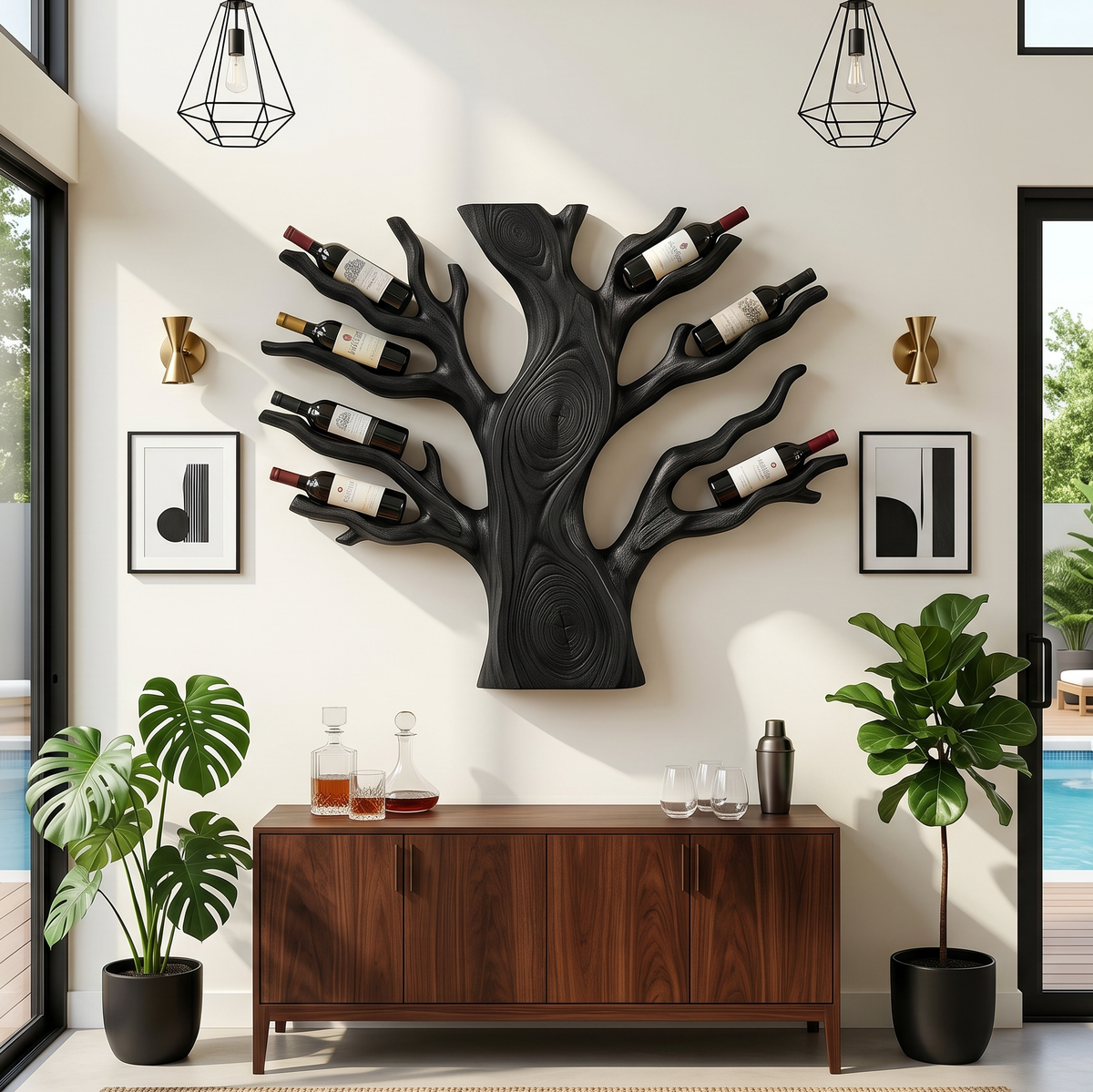 Floating Wall Wine Rack In Solid Wood For Living Rooms, 64 to 76 Inch