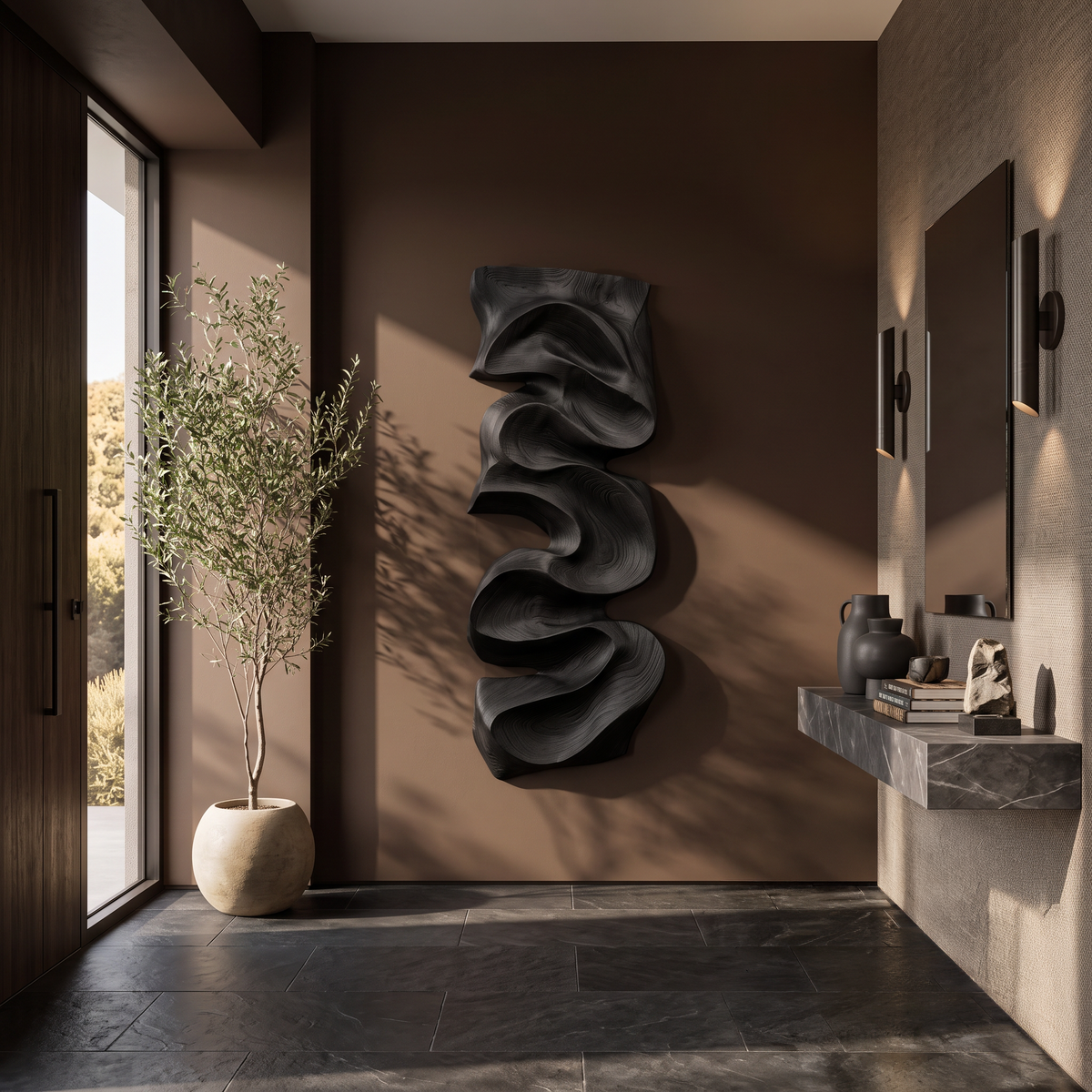 Tall Cascading Curve Carved Wood Wall Panel, 47 to 79 in High
