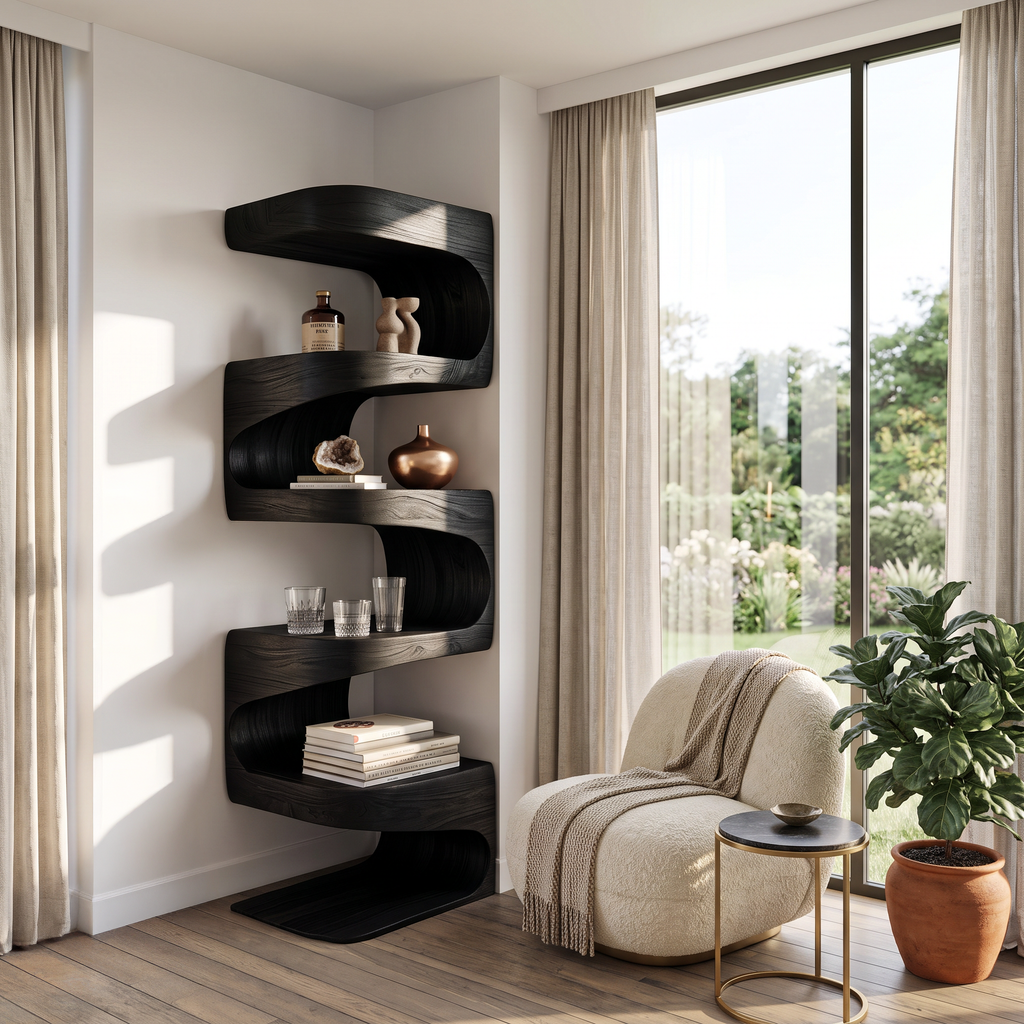 Flowing Wave Corner Shelf Unit in Solid Wood, 47 to 63 Inches Tall