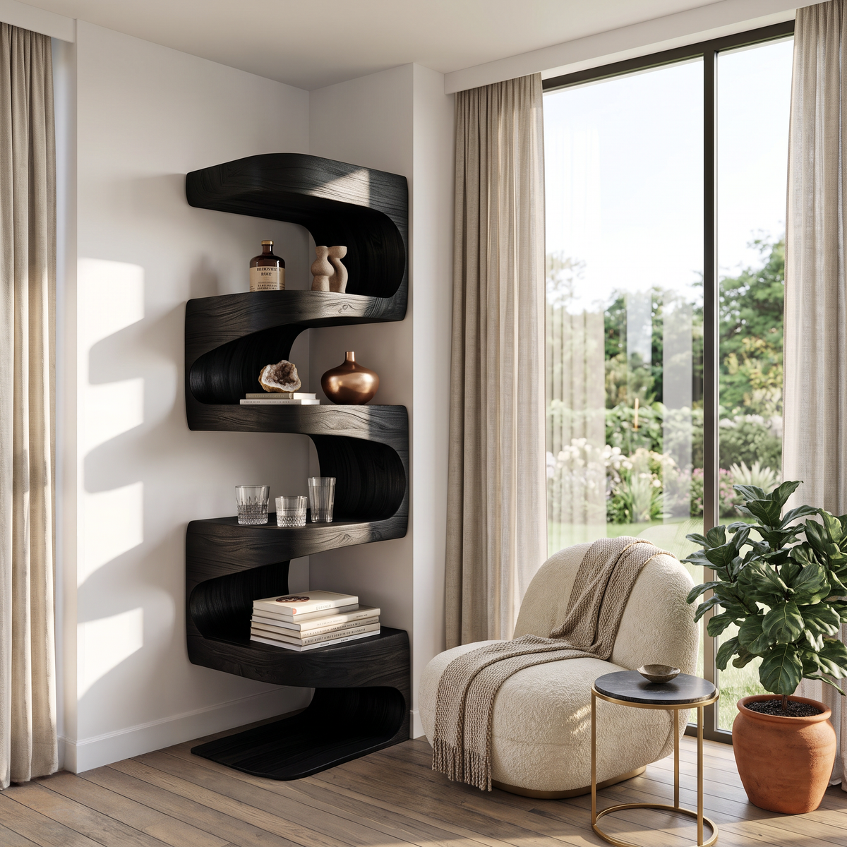 Flowing Wave Corner Shelf Unit in Solid Wood, 47 to 63 Inches Tall