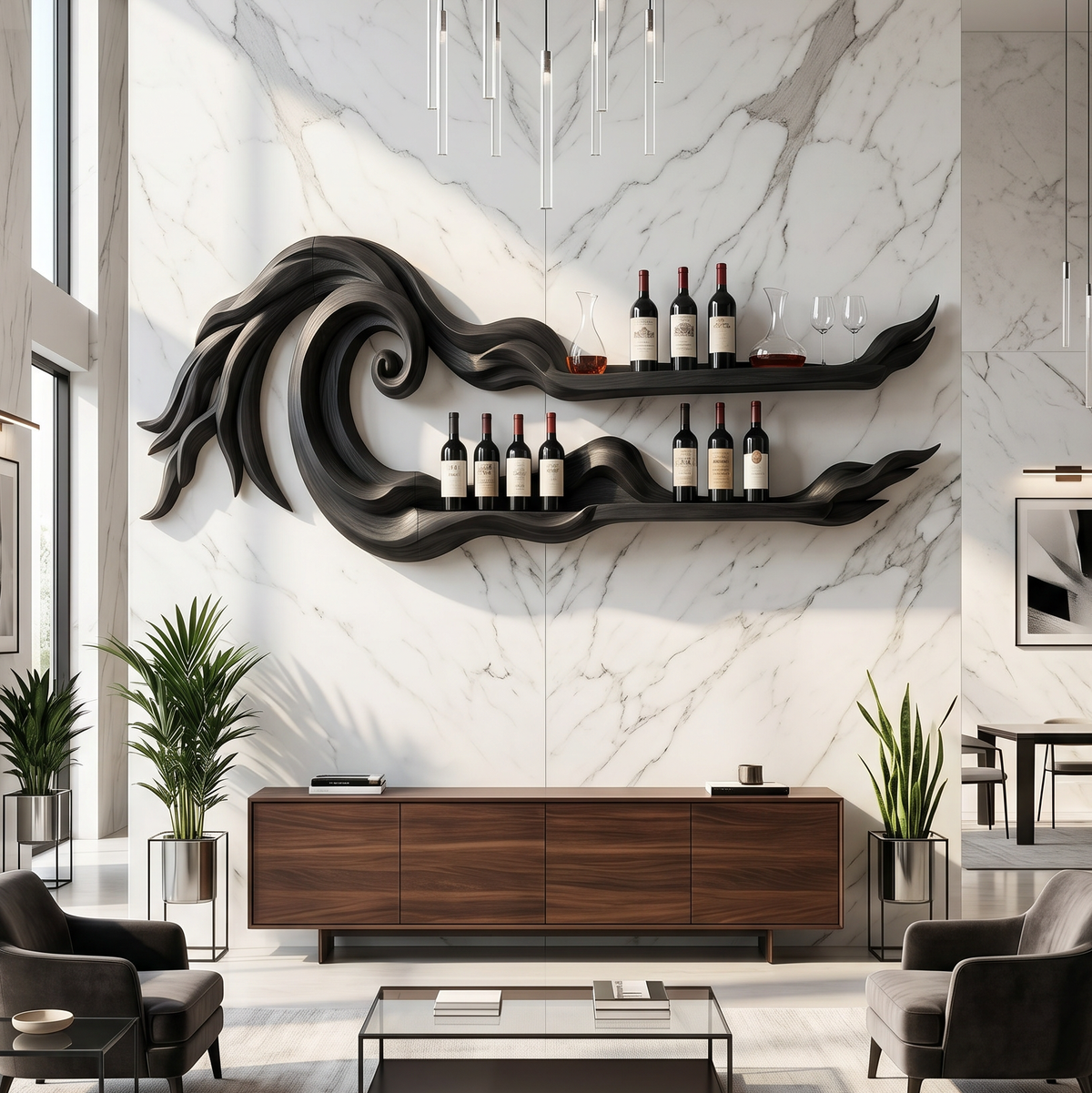 Long Wall-Mounted Wood Wine Rack For Beach Houses, 70 to 88 Inch