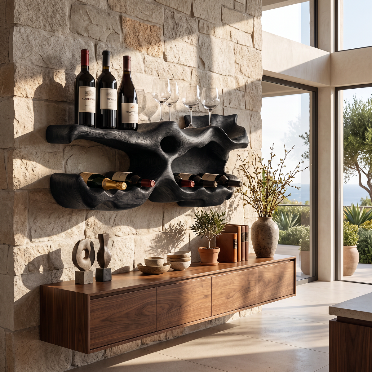 Wooden Wine Bottle Holder, Farmhouse Monkeypod Tabletop Wine Rack