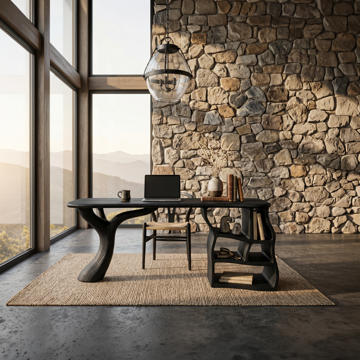 Sculptural Writing Desk With Drawers And Open Shelving