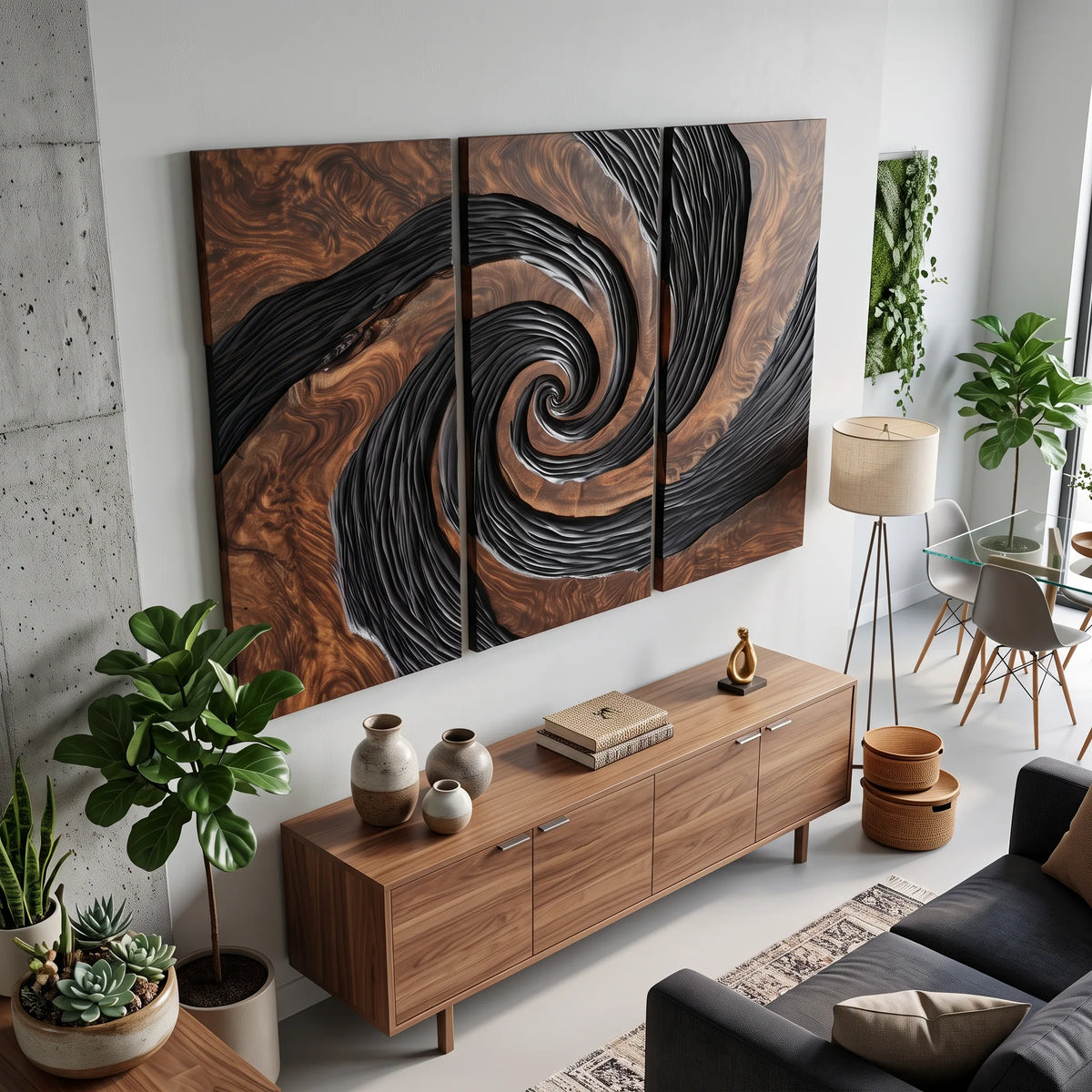 Organic Modern Spiral Triptych 3D Wall Art Urban Loft