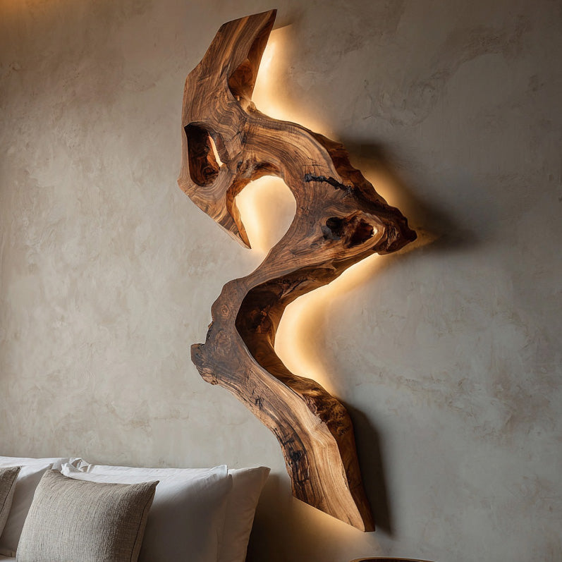 Organic Contour Solid Wood Wall Light With Ambient Glow, 39 to 63 Inch