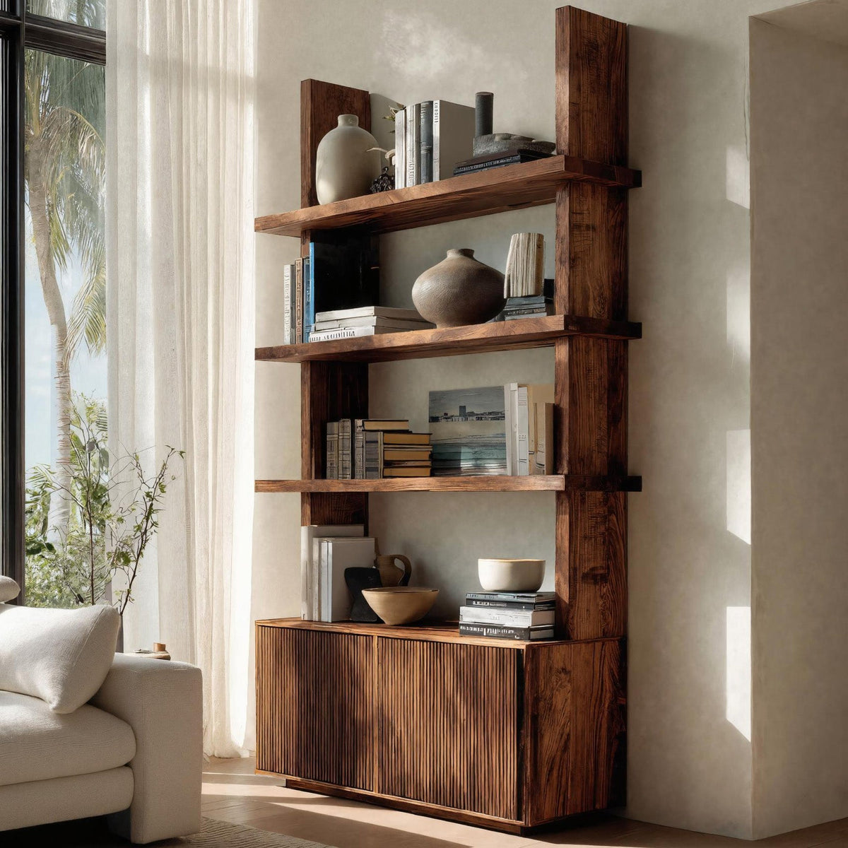 Fluted Wood Bookshelf With Vertical Open Shelving For Living Rooms