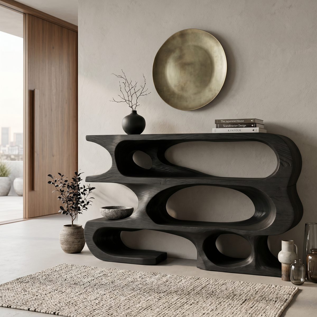 Cutout Frame Console Table With Multi-Level Open Shelves