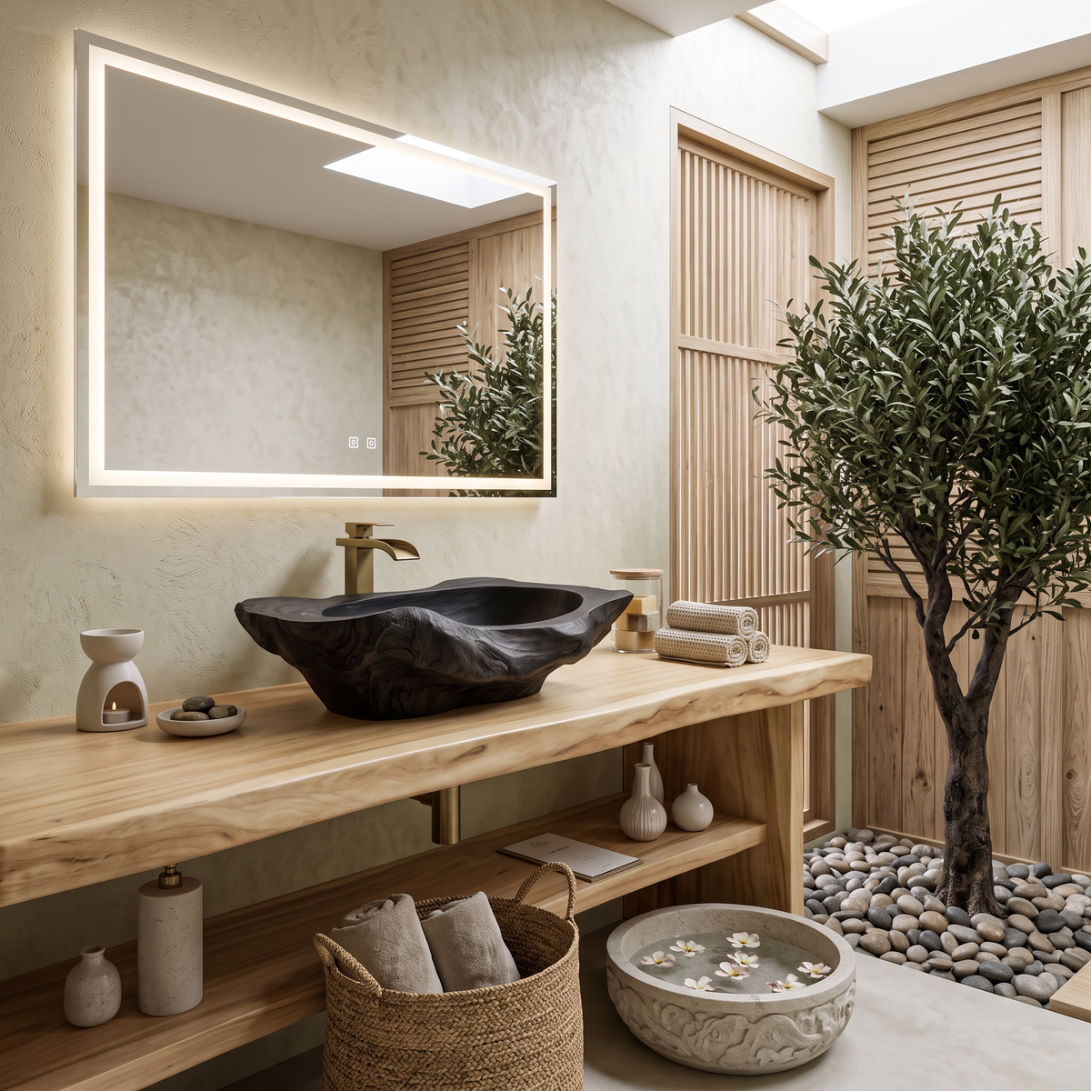 Handcrafted Solid Wood Sink, Live Edge Wooden Vessel Wash Basin Bowl with Natural Wood Grain Texture for Farmhouse Bathroom Vanity