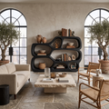 Low Wide Curved Bookshelf With Open Sculptural Shelves, 54 to 72 Inch