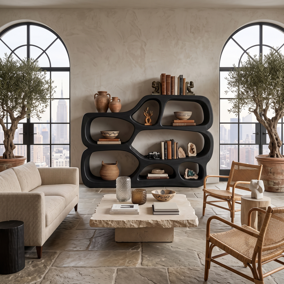 Low Wide Curved Bookshelf With Open Sculptural Shelves, 54 to 72 Inch