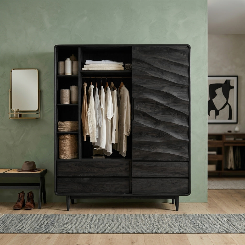 Carved Wood Wardrobe With Hanging Space, Drawers And Shelves